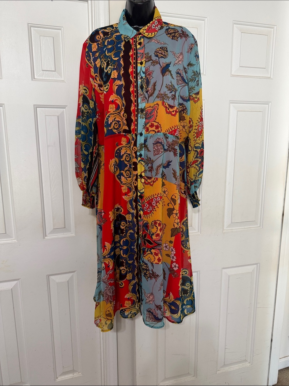 New York & Company Multicolor Patchwork Button-Front Midi Dress